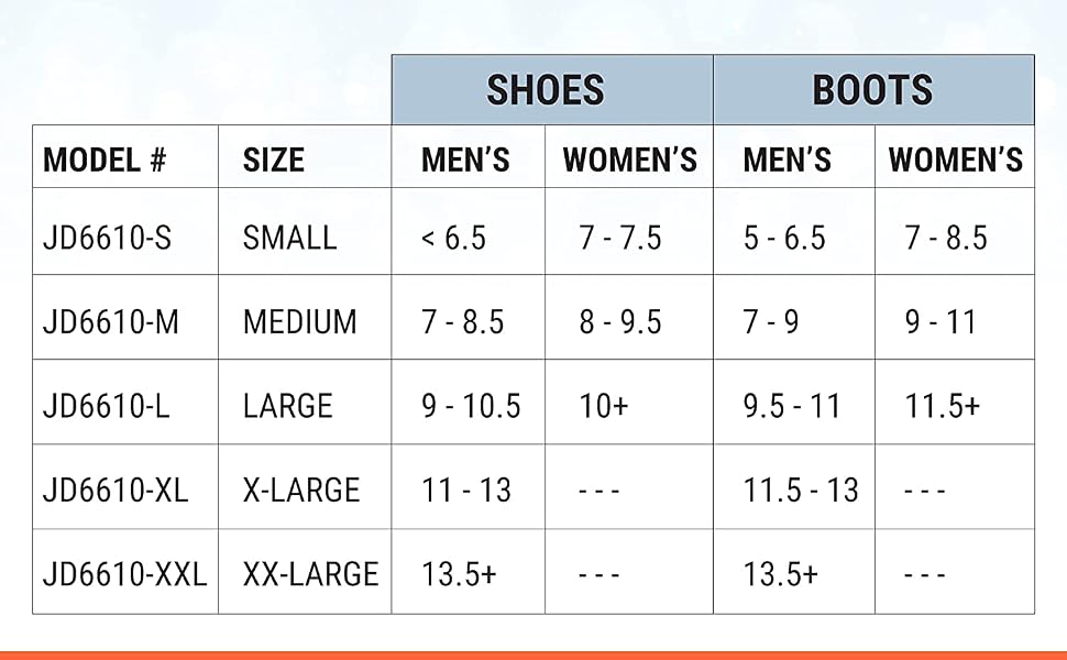 LOW-PRO ICE CLEATS - SIZE CHART