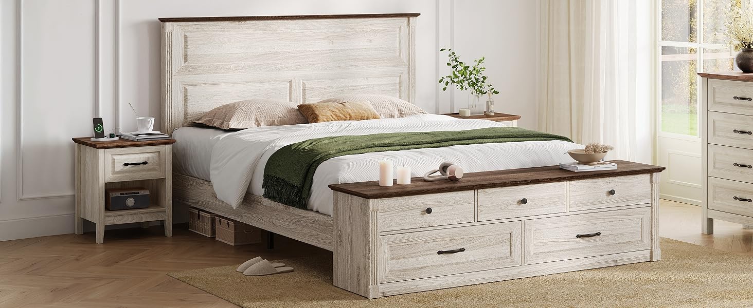 Queen Storage Bed Frame with Drawers Farmhouse Bed Frame Queen-Size with Headboard Footboard Bench