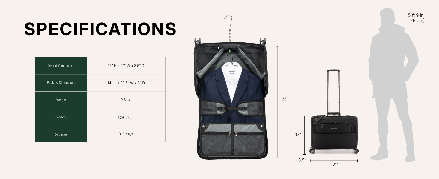 Image of size chart next to garment bag and silhouette of a man with text reading specifications.