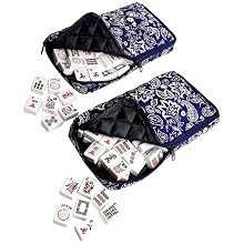These matching zippered tile bags are part of a blue paisley soft bag mahjong set by Linda Li.