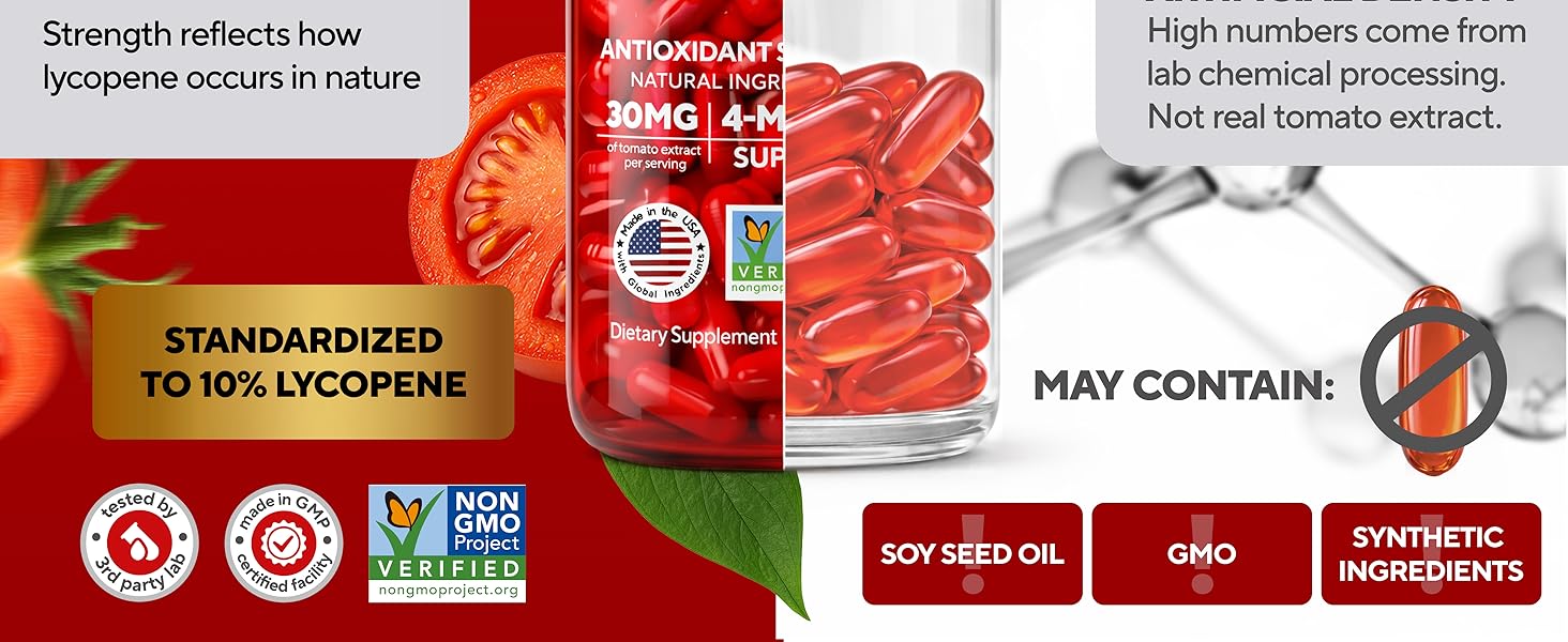 Comparison vitaup natural lycoepene with quality certifications to other brands softgels