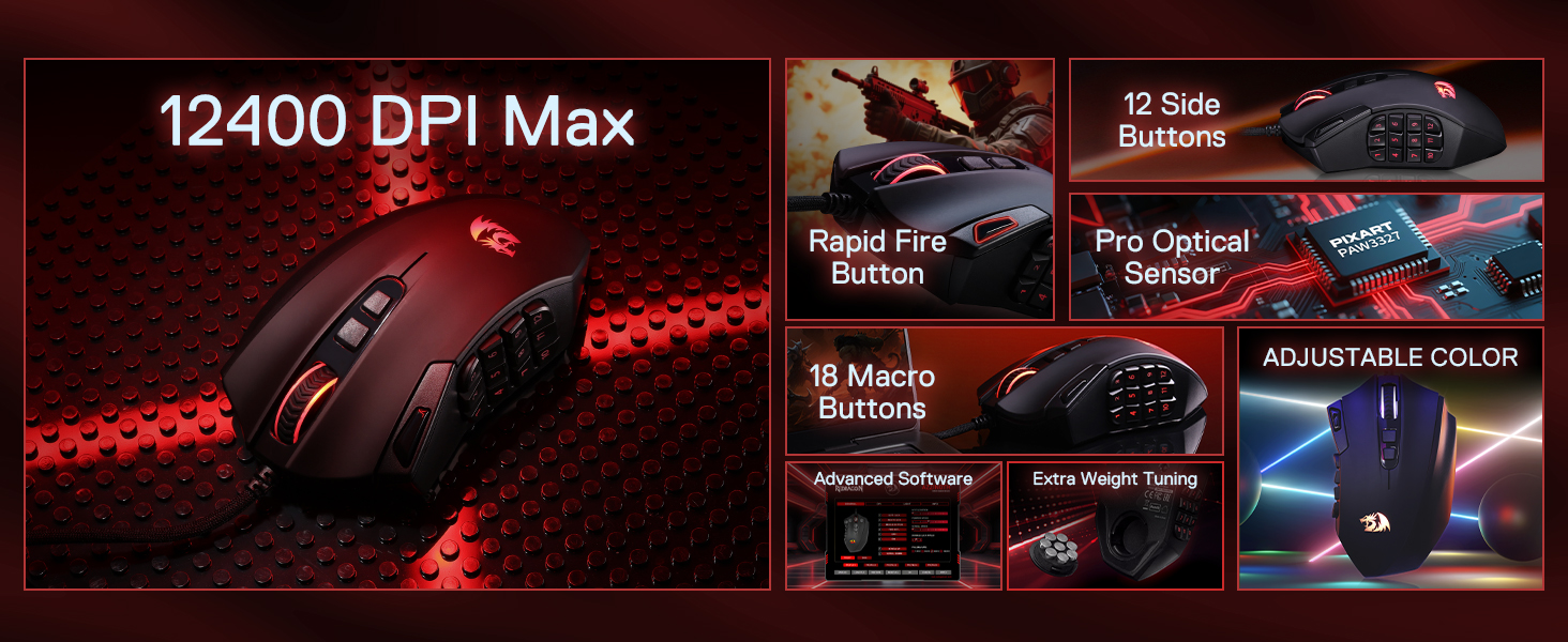 Redragon M921 MMO mouse with 12 side buttons for RPG gaming speeds access to complex commands