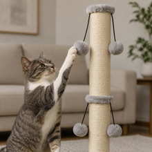 Cat batting one of four gray plush pom-poms