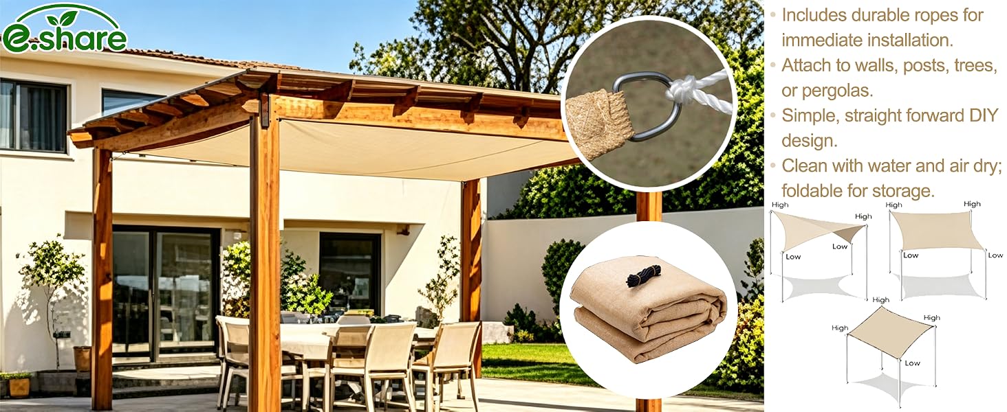 come with rope,can attach to wall post tree or pergolas DIY desige clean with water air dry foldable