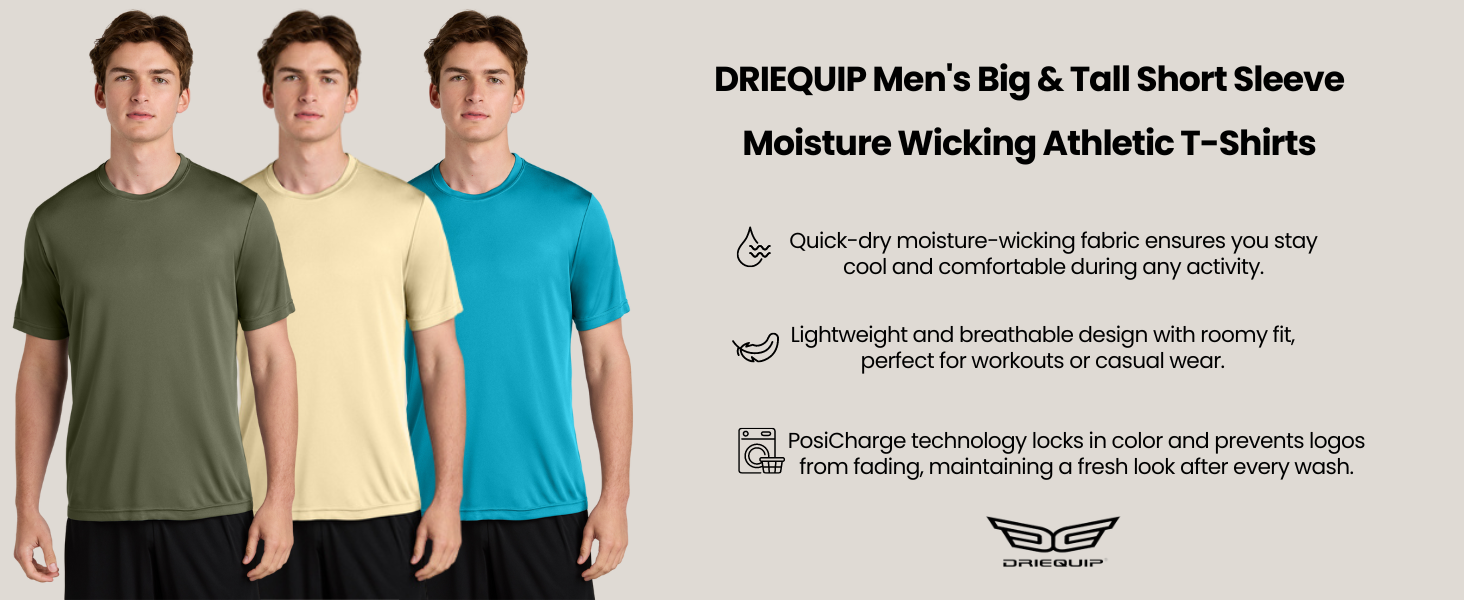 DRIEQUIP Men&amp;#39;s Big &amp;amp; Tall Short Sleeve Moisture Wicking Athletic T-Shirts