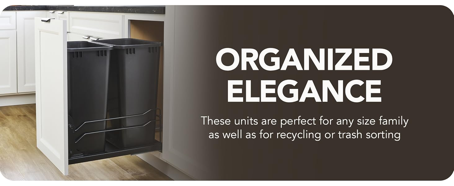 Concealed pullout waste bins for white cabinetry. Text Reads: Organized Elegance.
