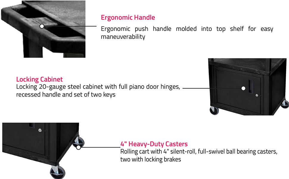 Luxor 42"H AV Cart - 3 Shelves, Cabinet, Drawer - Black