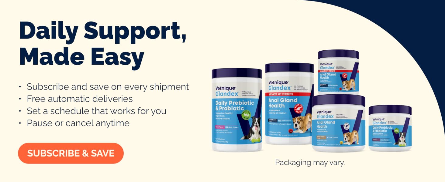 Subscribe to Vetnique Glandex for dog anal gland and digestive health, cancel anytime