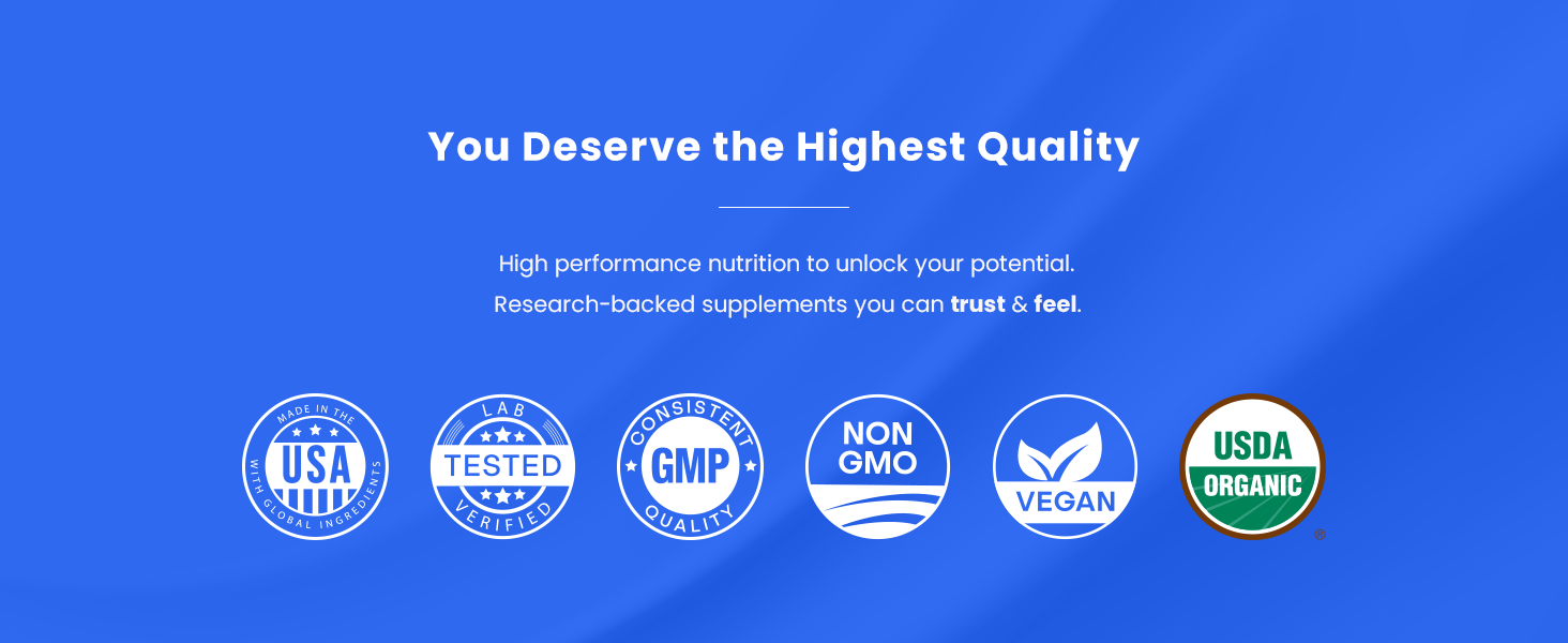 non gmo, lab tested, usda organic, vegan, cgmp
