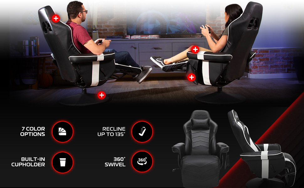 RESPAWN recliner: 7 colors, 135° recline, cupholder, 360° swivel.