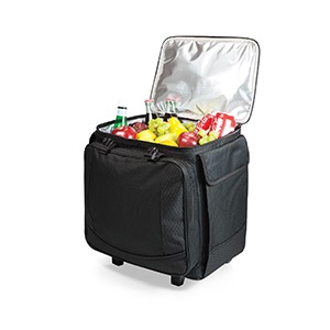 Large wine cooler open; shows insulated interior packed with fruit, soda cans, and snacks