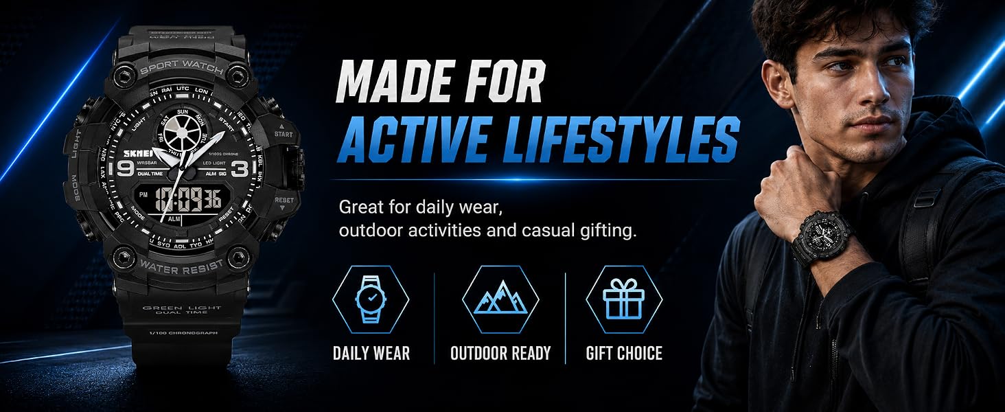 Mens Analog Digital Dual Display Sports Watches Military Multifunctional 50M Waterproof LED Watch