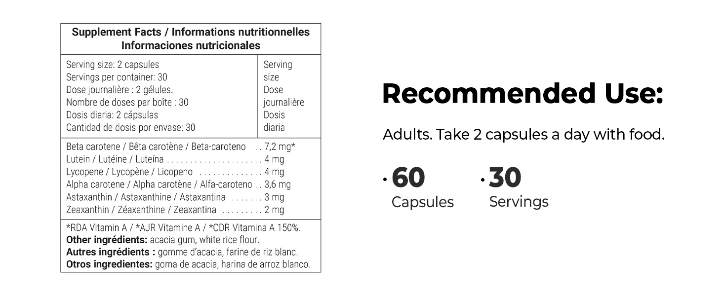 Supplement Facts Beta Carotene Lutein Lycopene Alpha Astaxanthin Zeaxanthin 60 Capsules 30 Servings