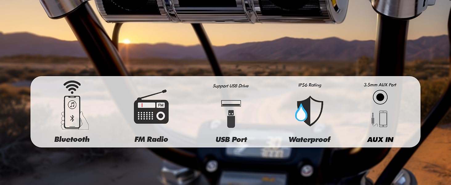Bluetooth motorcycle speakers with FM, USB, AUX, and IP56 waterproofing for every ride.