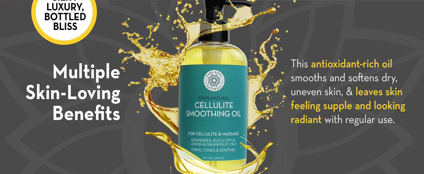 Cellulite smoothing oil, highlighting its antioxidant-rich, skin-softening benefits.