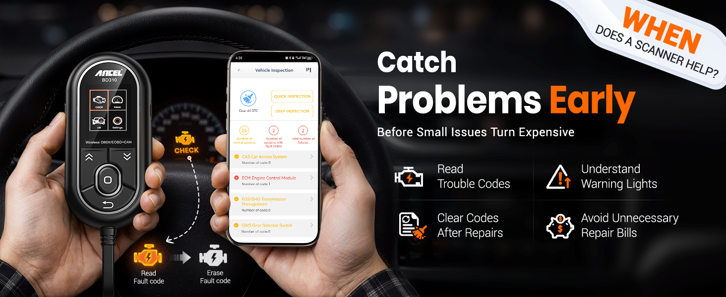 ANCEL BD310 OBD2 scanner reads and clears trouble codes and turn off check engine light