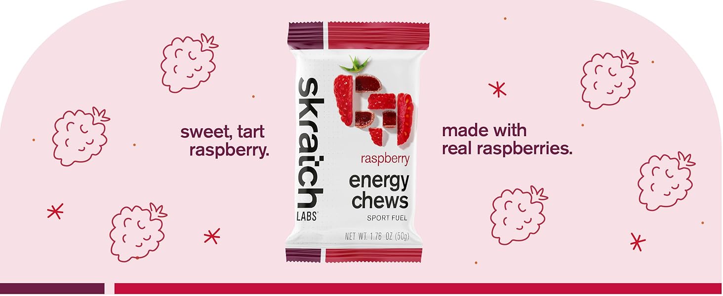 Skratch Energy Chews- Raspberry- Smooth, sweet, and mildy tart. Made with real Raspberries