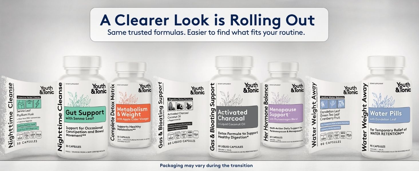 Youth &amp;amp;amp;amp;amp; Tonic products shown with current and updated packaging for the same formulas