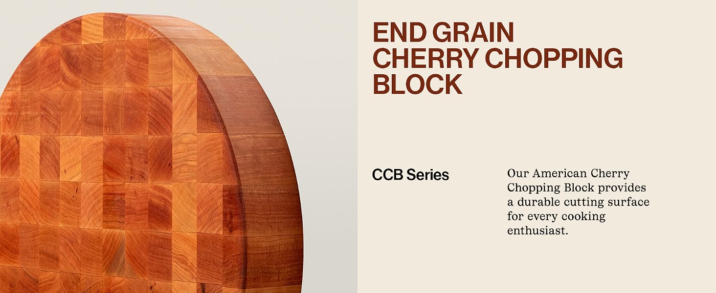A close up of a wood cutting board. Text reads: End Grain Cherry Chopping Block.