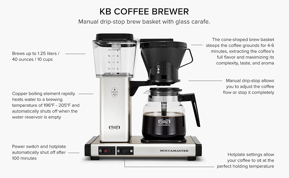 KB Coffee Brewer: Manual drip-stop brew basket with glass carafe.