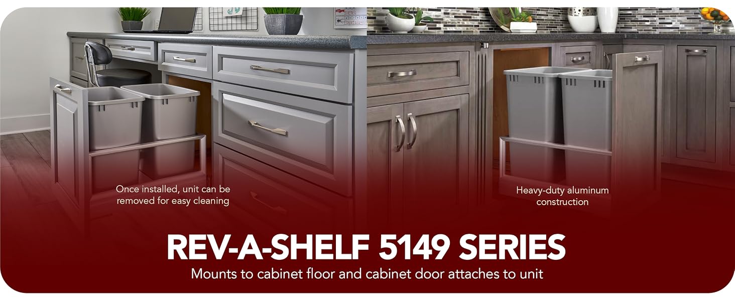 Lifestyle images of Bottom Mount Waste Containers. Text reads: Rev-A-Shelf 5149 Series.