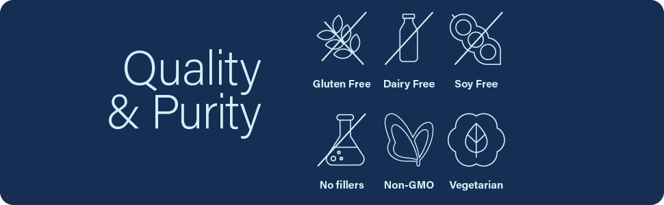 Quality and purity. Gluten free, dairy free, soy free, no fillers, non-GMO, vegetarian