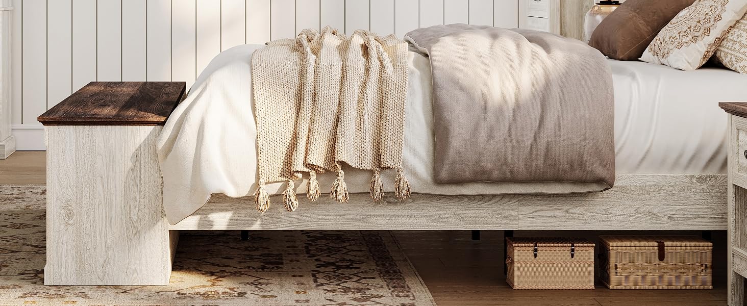 Queen Storage Bed Frame with Drawers Farmhouse Bed Frame Queen-Size with Headboard Footboard Bench