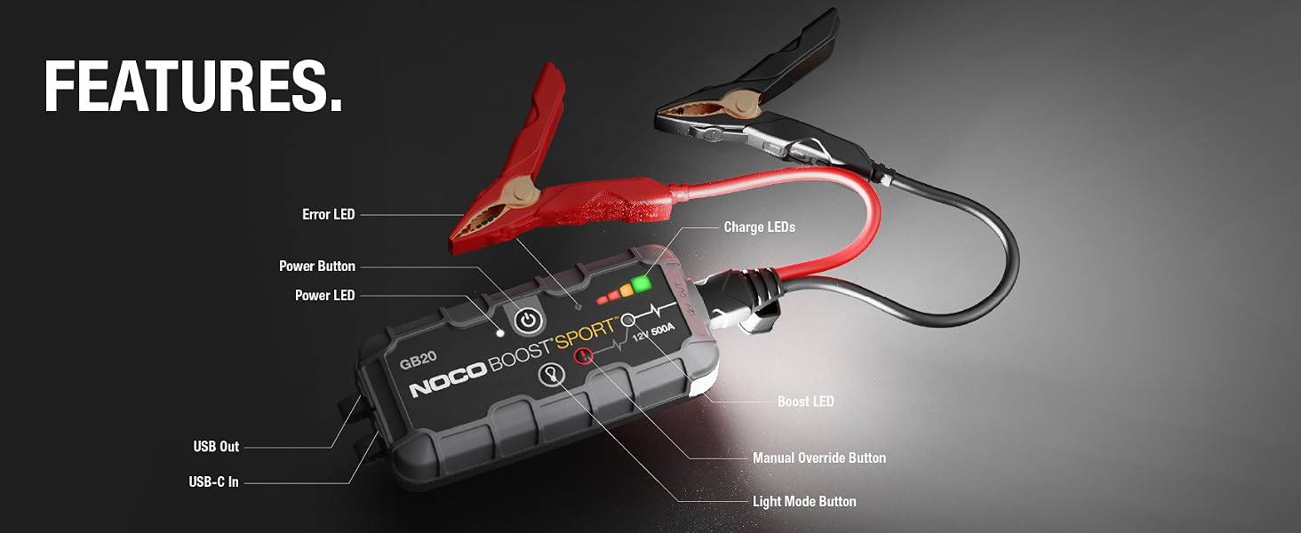 Features. Includes USB in and out ports, LED flashlight, and manual override button.