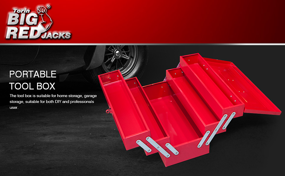 Torin BIG RED 18" Cantilever Style Portable Steel Tool Box with Trays and Metal Latch Closure, Red