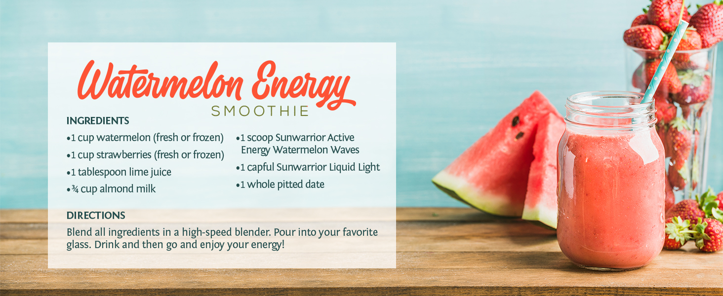 A recipe for Watermelon Energy Smoothie featuring Sunwarrior Liquid Light.