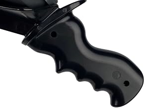 Close-up of black ergonomic handle with textured grip pattern and curved finger indentations for comfortable holding.