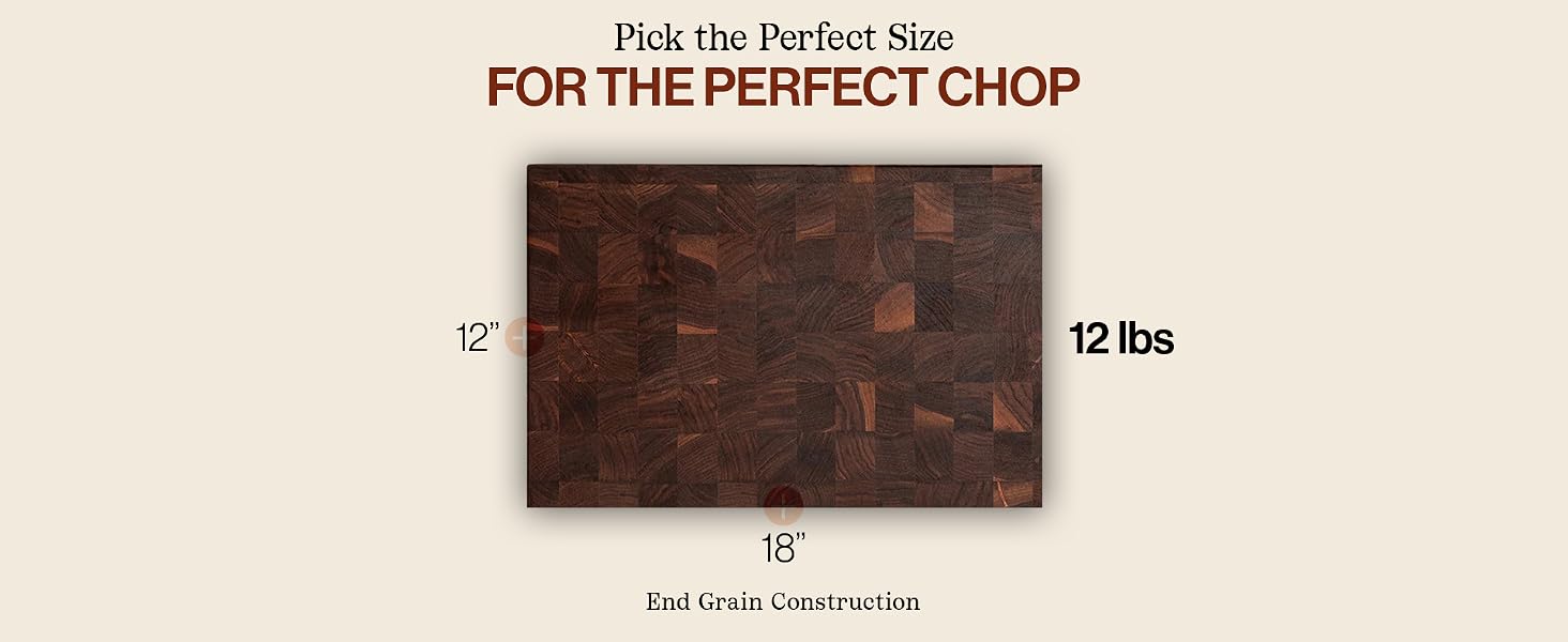 Black Walnut Chopping Block with dimensions. Text reads Pick the perfect size for the perfect chop.