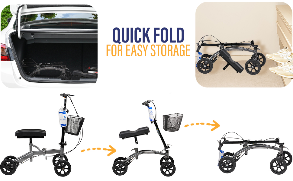 Knee walker being folded and stored in a car trunk and closet