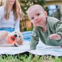 A baby, a dog, and a mom on a blanket outside