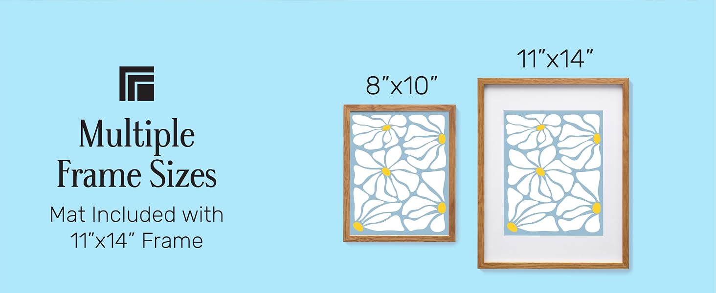 Side-by-side comparison of 8x10 and 11x14 oak frames with floral print and mat