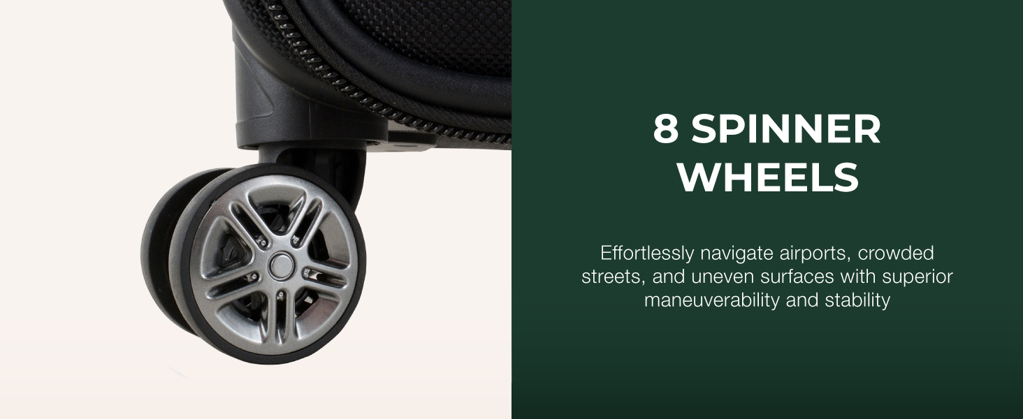 Image of garment bag wheels with text reading eight spinner wheels.