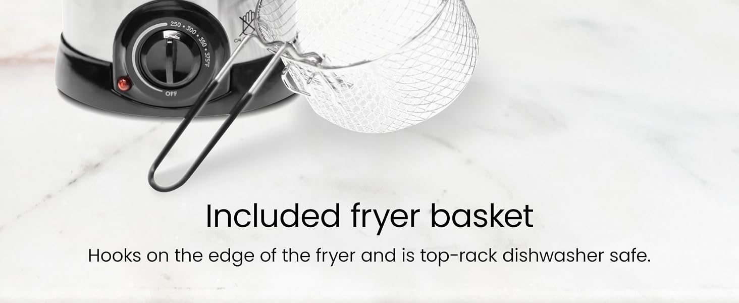 Hooks on the edge of the fryer and is top-rack dishwasher safe.