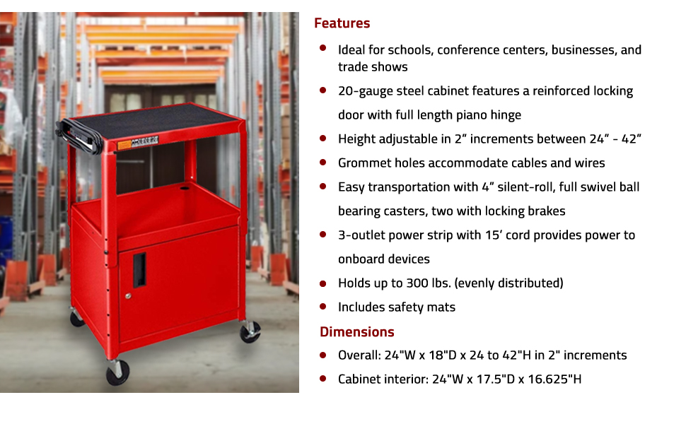Luxor Multipurpose Height Adjustable Steel AV Utility Cart - Red
