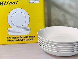 Text reads 'Miicol'. Product images showing white ceramic or melamine plates and bowls against yellow background with packaging views.