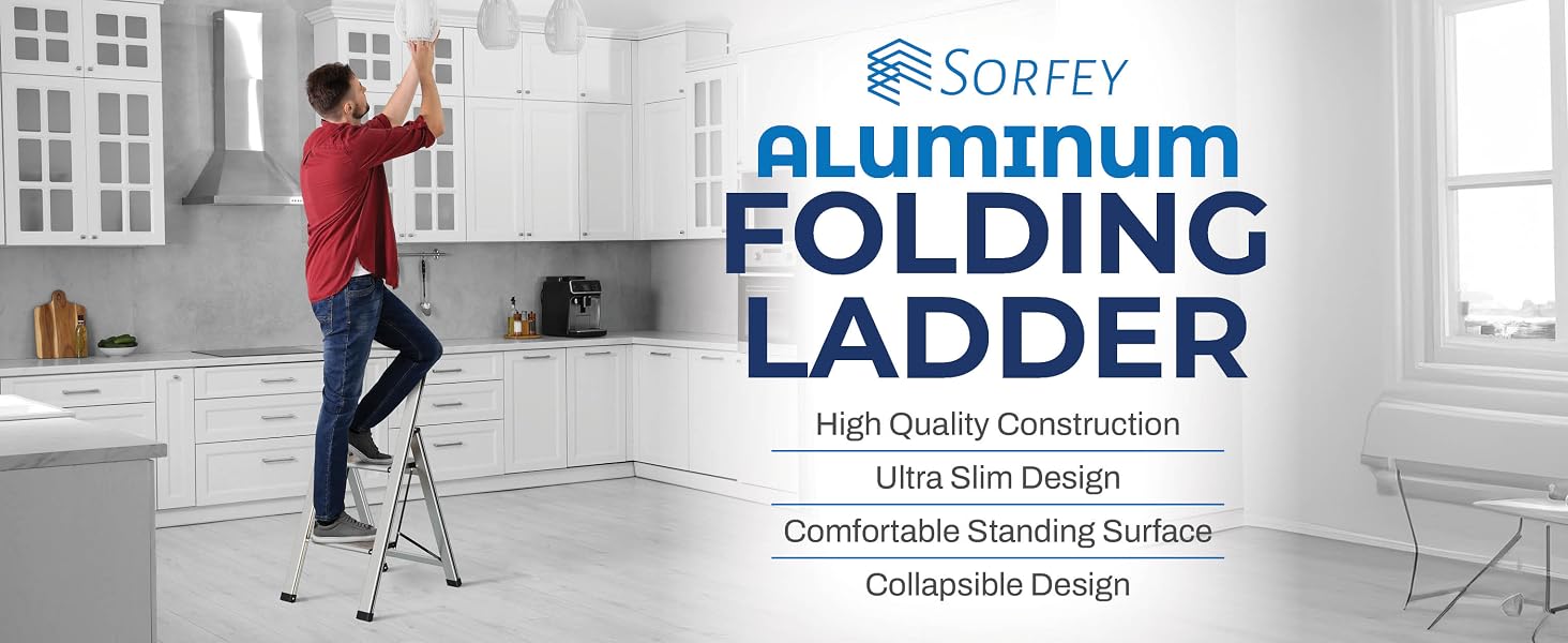 sorfey aluminum folding ladder high quality construction, slim collapsible design, comfortable stand