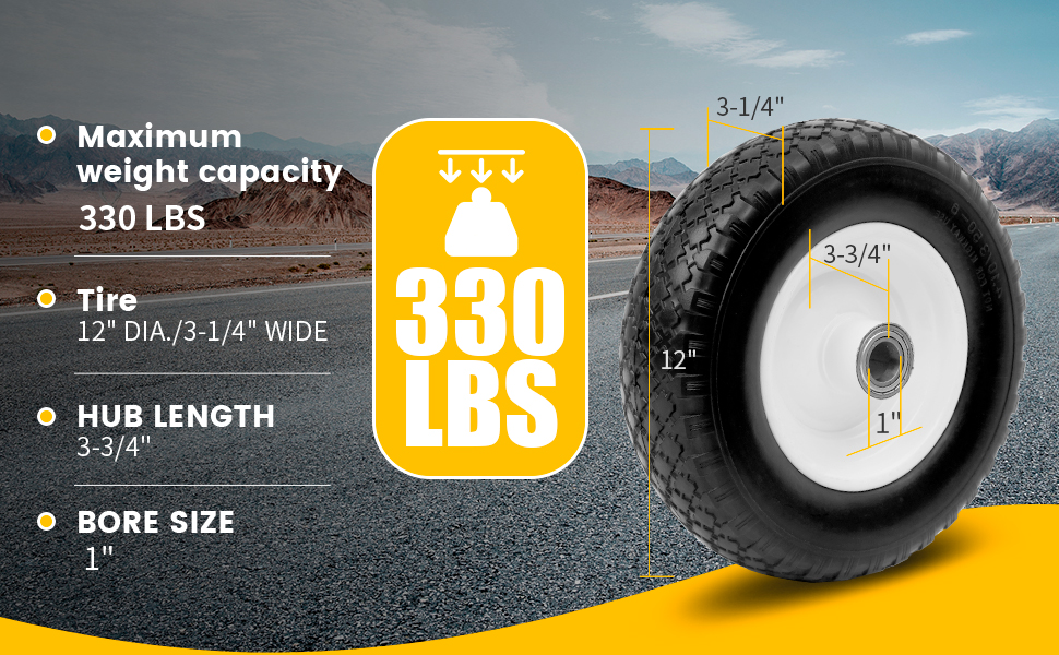 12 inch Flat Free Tire MaxxHaul Solid Polyurethane 1 Bore 330lb Capacity Utility Wheel No Flat Rim