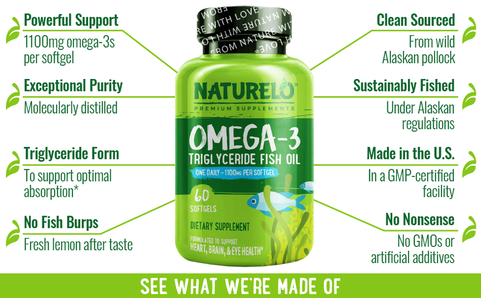 NATURELO, Omega-3, Omega3, Fish Oil Supplement, 1100mg, Heart, Brain, Joint, Prenatal Health