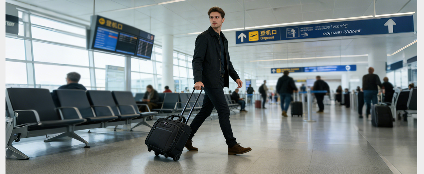 Airport terminal interior showing silhouettes of travelers with luggage moving through large, well-lit concourse area.