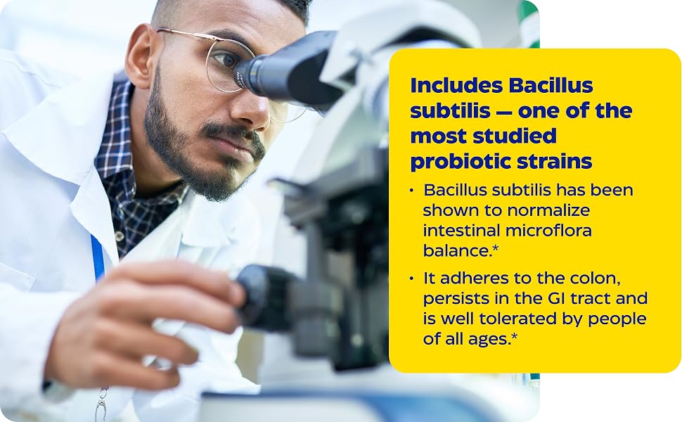 Includes Bacillus subtilis — one of the most studied probiotic strains.
