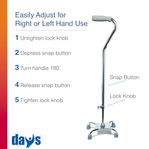 Days Quad Cane with Wide Base – Adjustable Walking Cane for Men & Women, Aluminum 4-Prong Walking Stick for Seniors with Slip-Resistant Rubber Tips, Lightweight & Self-Standing Mobility Aid