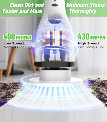 Electric Spin Scrubber, 3-Speed Flat End Brush with 8 Brush Heads & Base, IPX7 Waterproof, Adjustable Long Handle, Digital Display, 2500mAh Fast Charging, for Bathroom, Tub, Tile, Floor