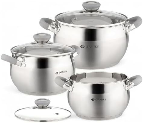 Daniks Modern 4 Quart Stainless Steel Stock Pot with Glass Lid, Tri-Ply Bottom for Even Heating, Induction Compatible, Dishwasher Safe