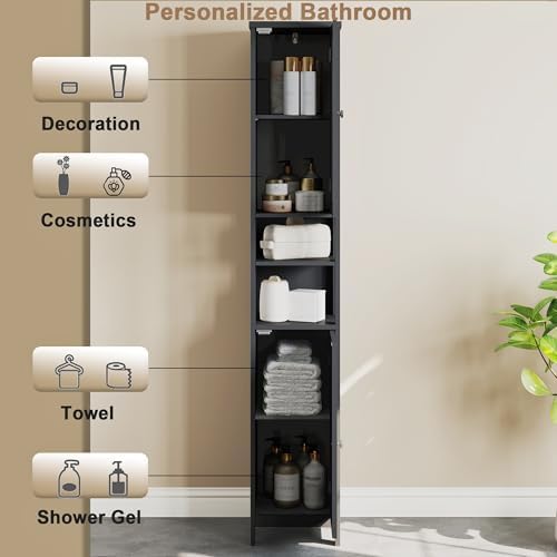 ChooChoo Narrow Bathroom Storage Cabinet with Light， Space Saving | Space Saving,Tall Bathroom Storage Cabinet, 5-Tier, 2 Doors, Slim, Freestanding, Adjustable Shelves, Black