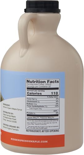 Hidden Springs Maple Organic Vermont Maple Syrup, Grade A Dark Robust (Formerly Grade B), 32 Ounce, 1 Quart, Family Farms, BPA-free Jug