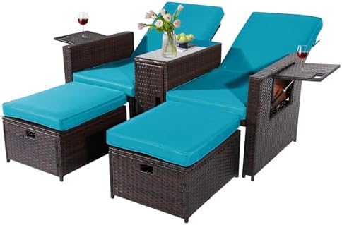 5PCS Outdoor Wicker Chaise Lounge Chair - Rattan Adjustable Reclining Patio Lounge Chair with Ottoman and Coffee Table